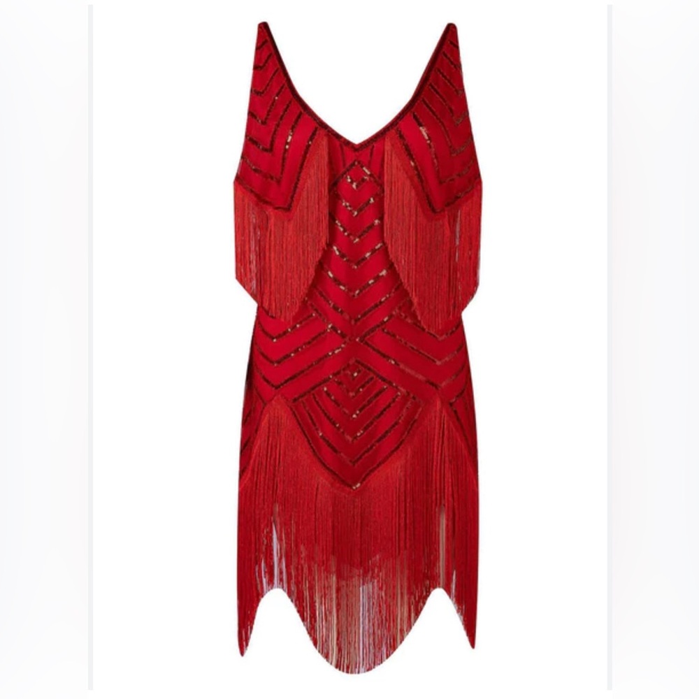 Wine Red Gatsby Glitter Fringe 1920s Flapper Dress